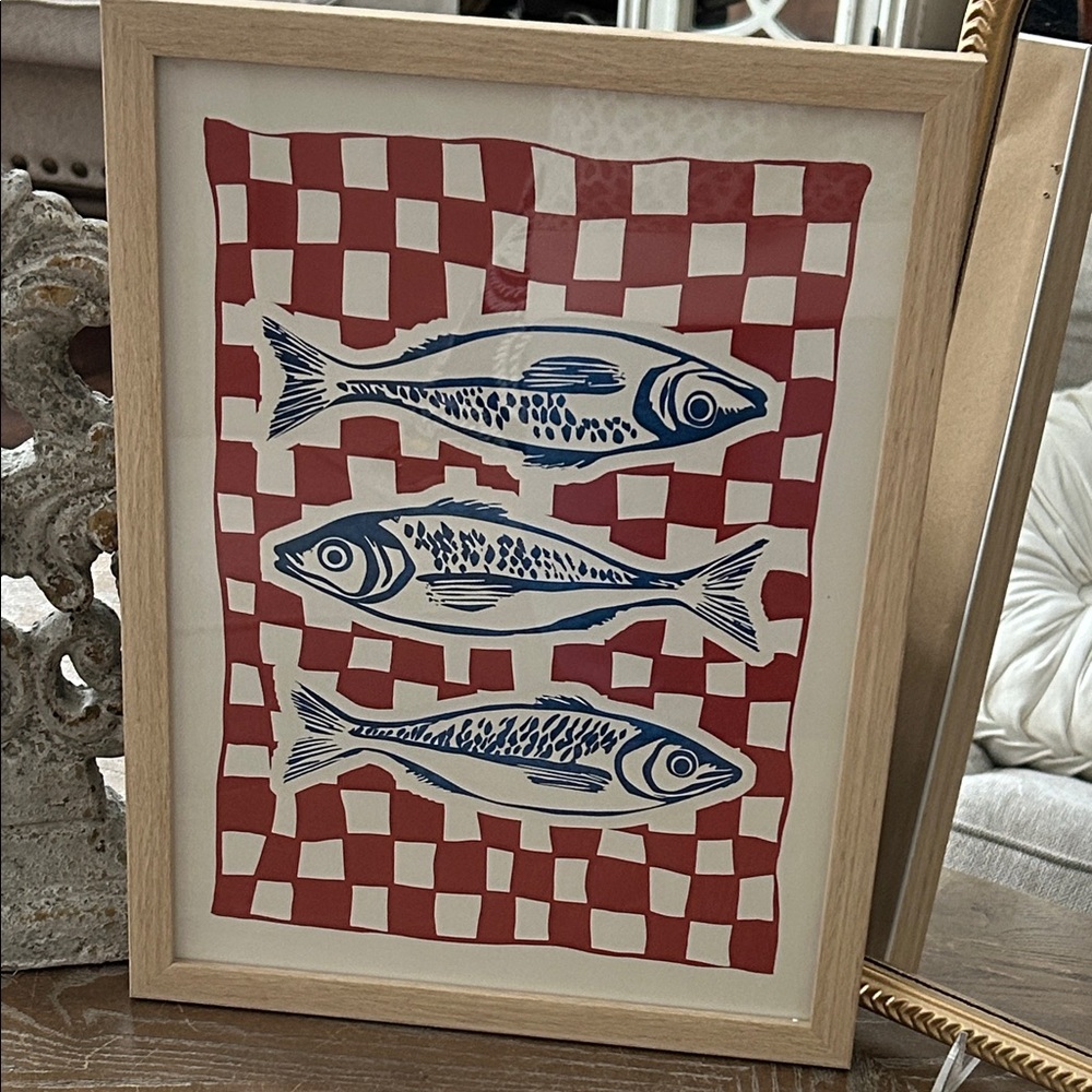 NEW! Mediterranean Italian Sardines Framed Fish Art on Red Checkered Background